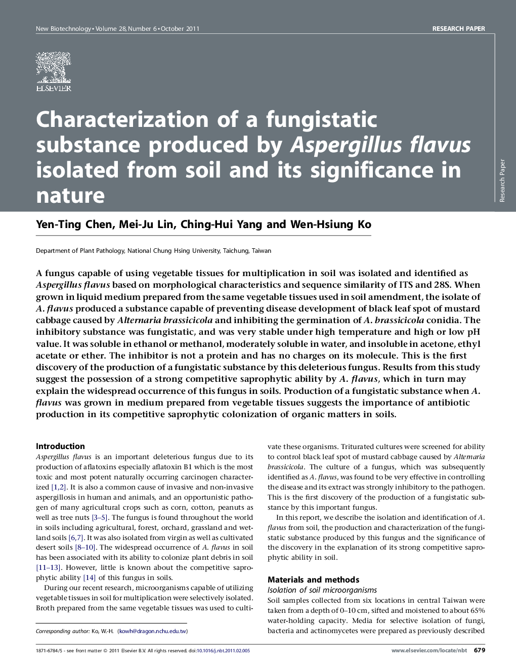 Characterization of a fungistatic substance produced by Aspergillus flavus isolated from soil and its significance in nature