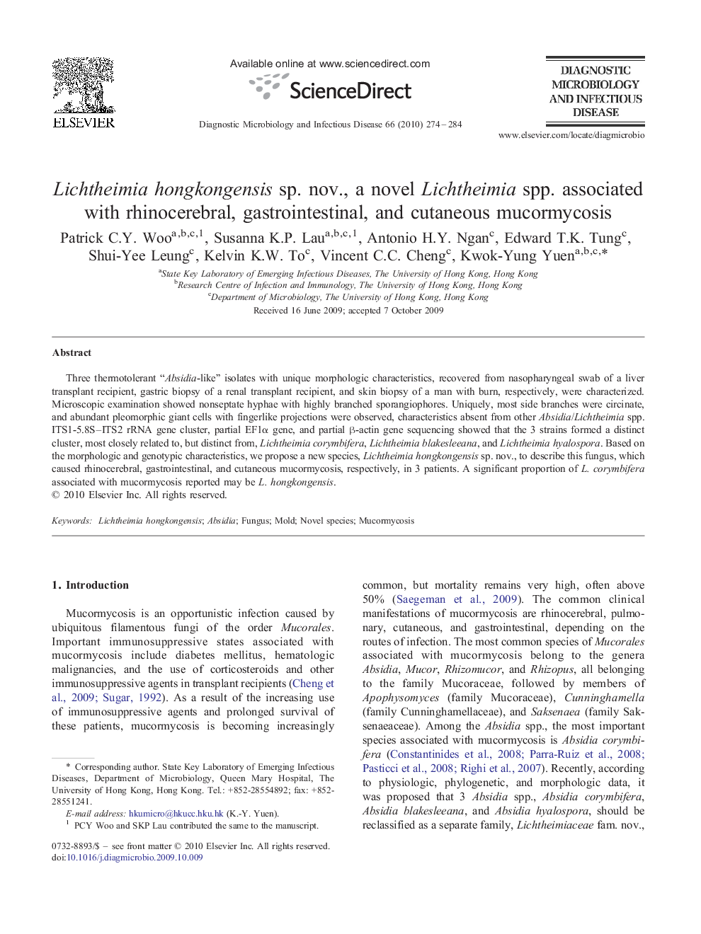 Lichtheimia hongkongensis sp. nov., a novel Lichtheimia spp. associated with rhinocerebral, gastrointestinal, and cutaneous mucormycosis