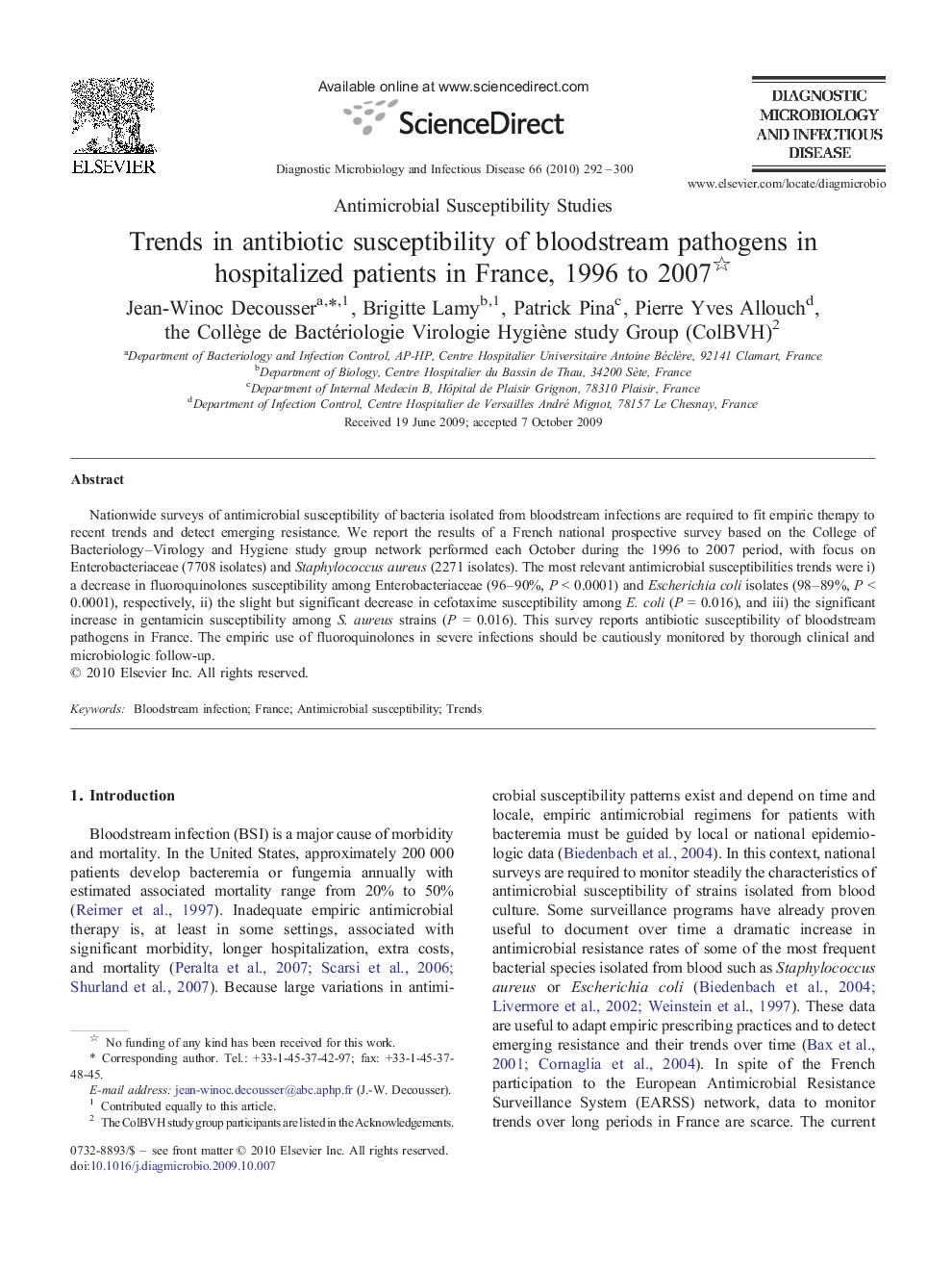 Trends in antibiotic susceptibility of bloodstream pathogens in hospitalized patients in France, 1996 to 2007 