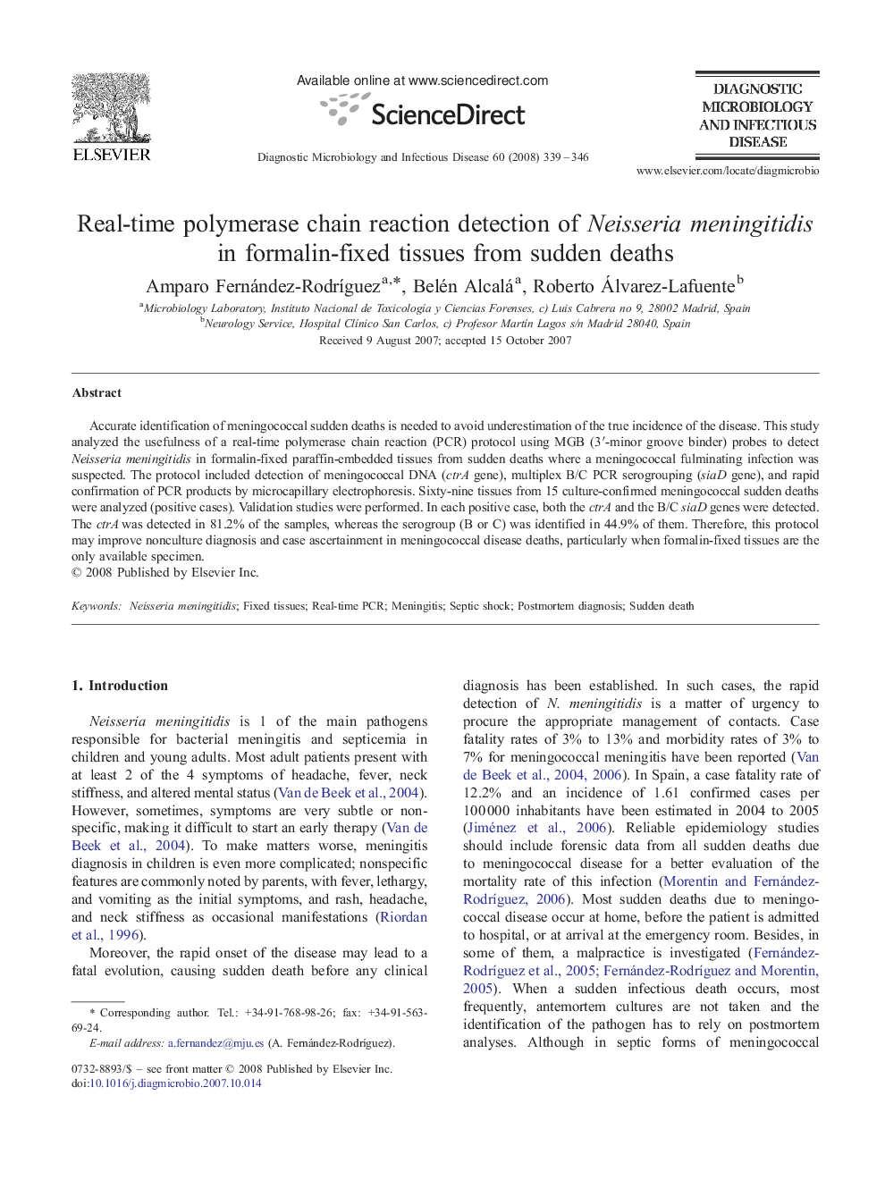 Real-time polymerase chain reaction detection of Neisseria meningitidis in formalin-fixed tissues from sudden deaths