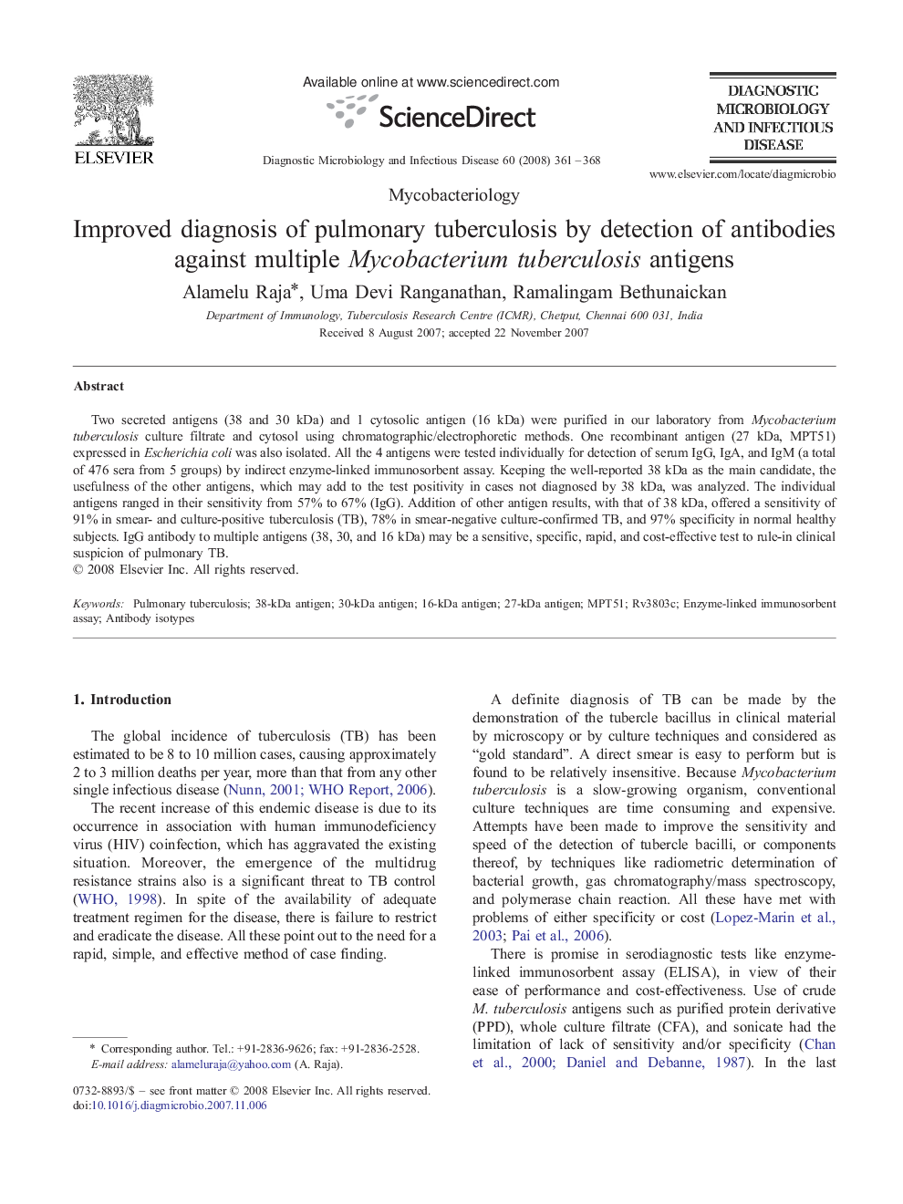 Improved diagnosis of pulmonary tuberculosis by detection of antibodies against multiple Mycobacterium tuberculosis antigens