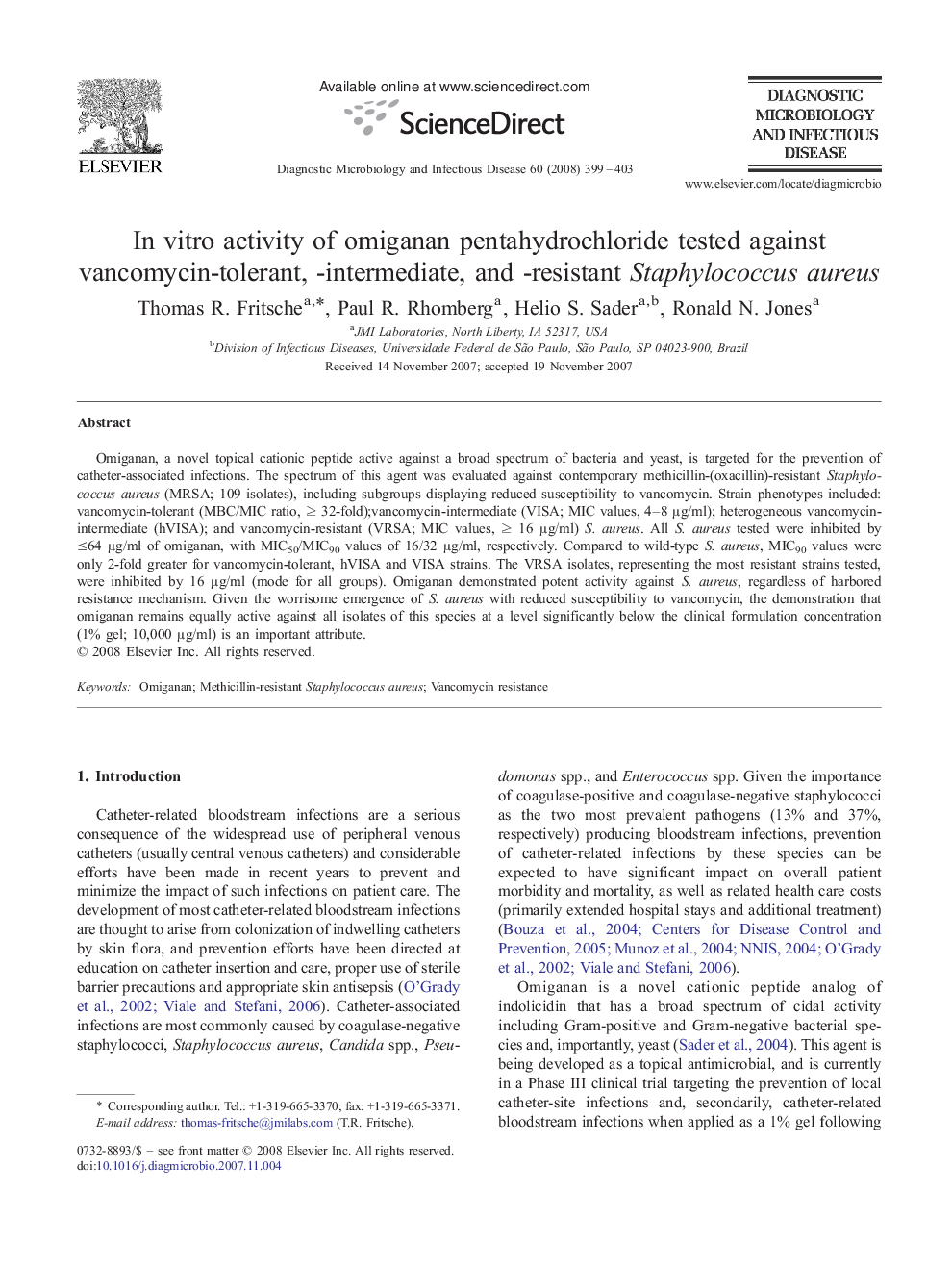 In vitro activity of omiganan pentahydrochloride tested against vancomycin-tolerant, -intermediate, and -resistant Staphylococcus aureus