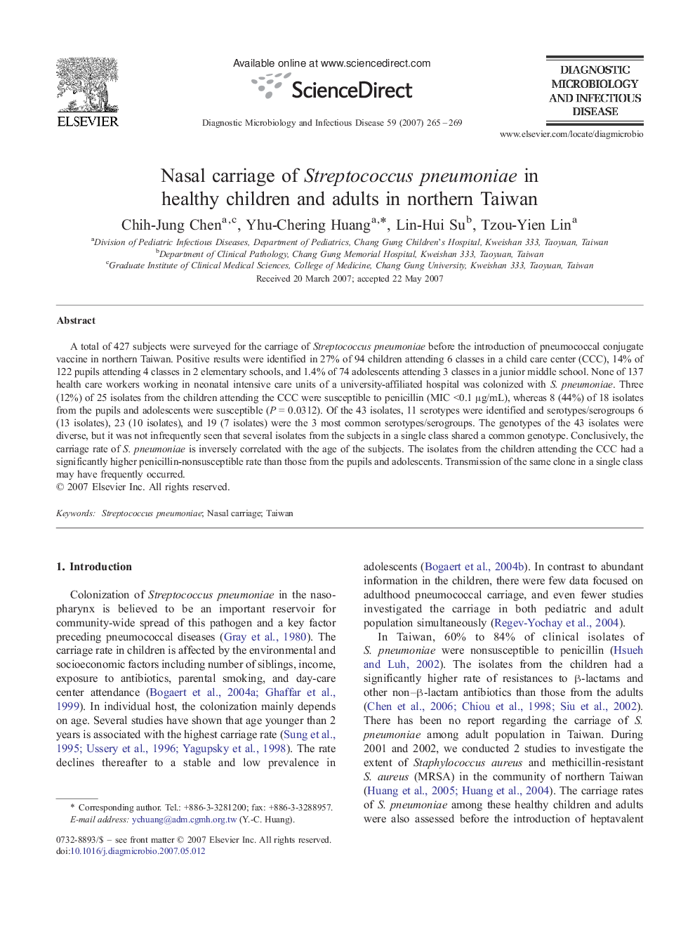 Nasal carriage of Streptococcus pneumoniae in healthy children and adults in northern Taiwan