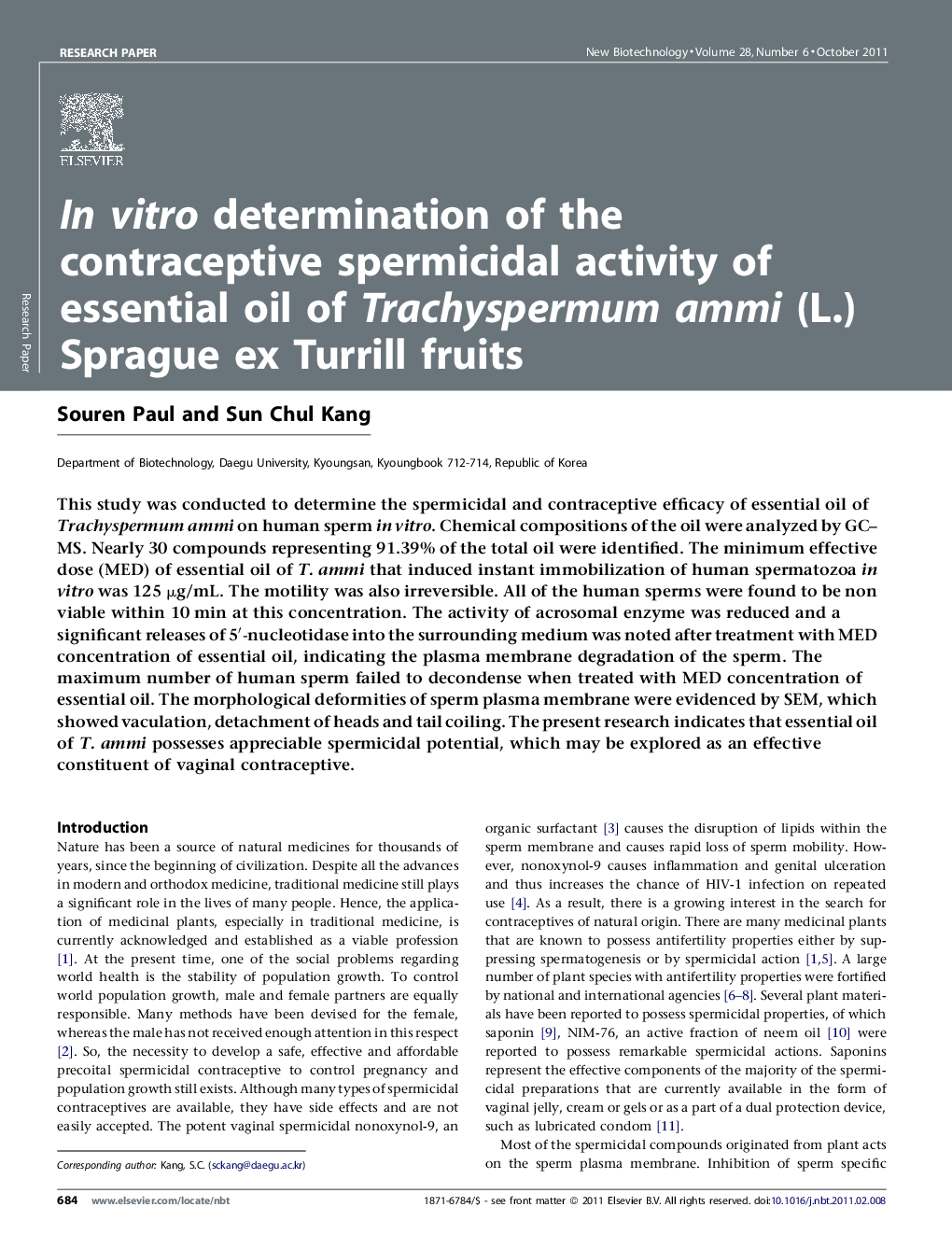 عکس صفحه اول مقاله: In vitro determination of the contraceptive spermicidal activity of essential oil of Trachyspermum ammi (L.) Sprague ex Turrill fruits In vitro determination of the contraceptive spermicidal activity of essential oil of Trachyspermum ammi (L.) Sprague ex Turrill fruits