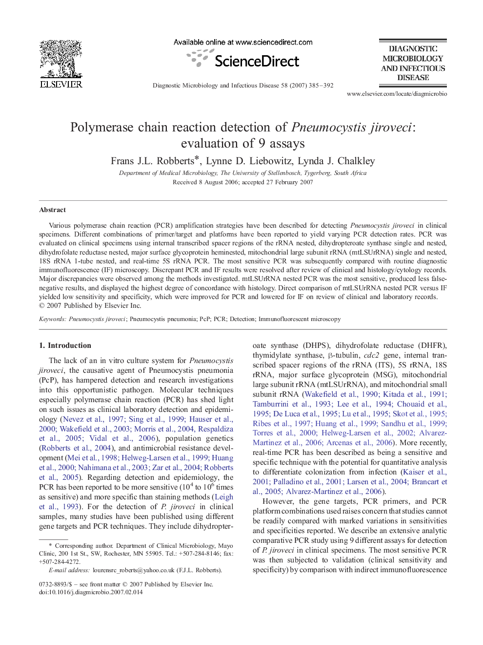 Polymerase chain reaction detection of Pneumocystis jiroveci: evaluation of 9 assays