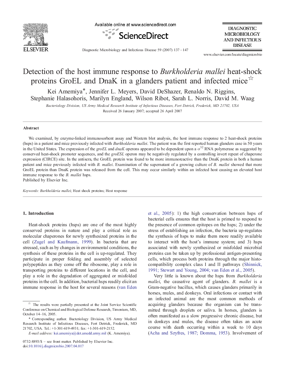 Detection of the host immune response to Burkholderia mallei heat-shock proteins GroEL and DnaK in a glanders patient and infected mice