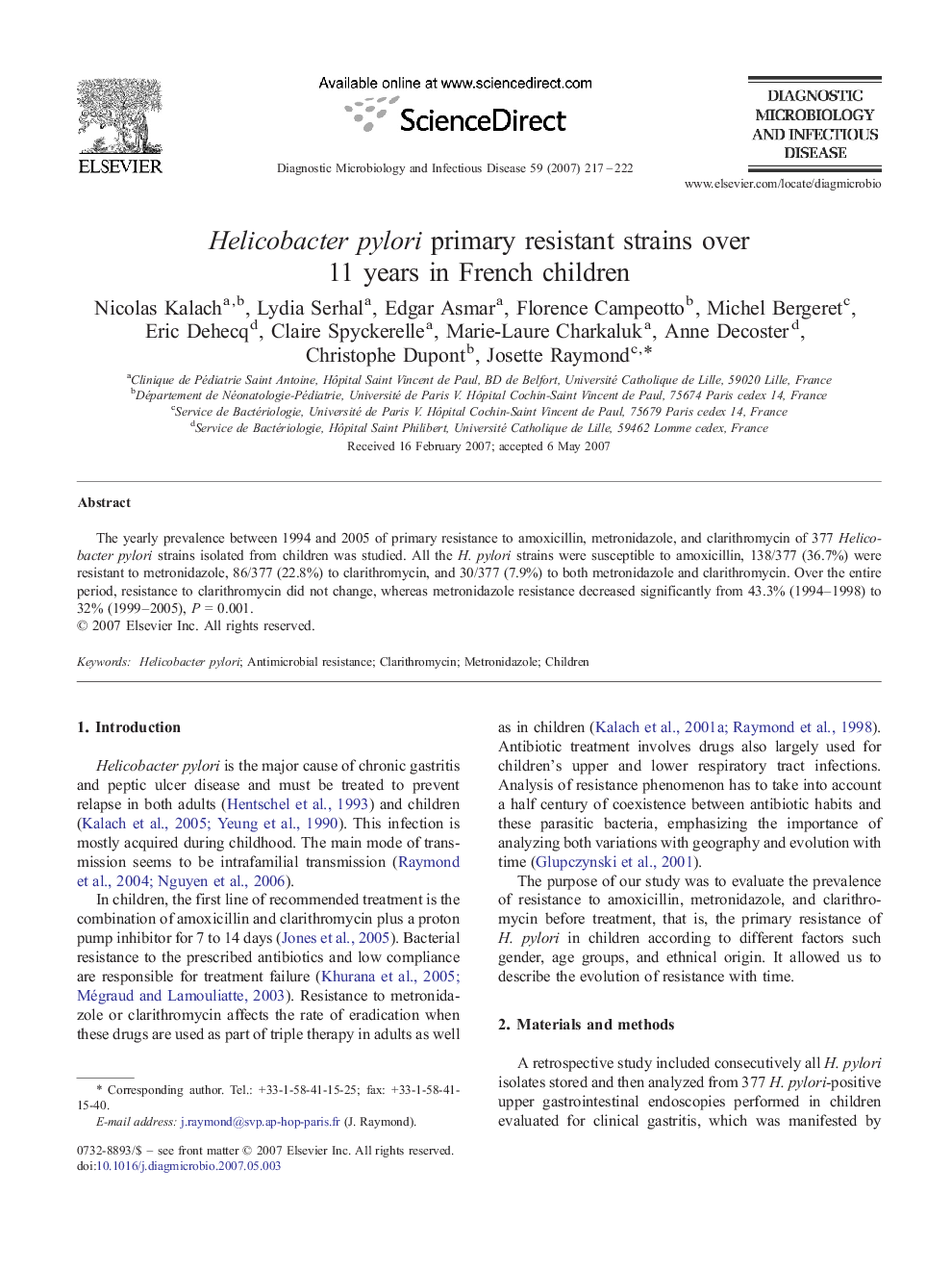 Helicobacter pylori primary resistant strains over 11 years in French children