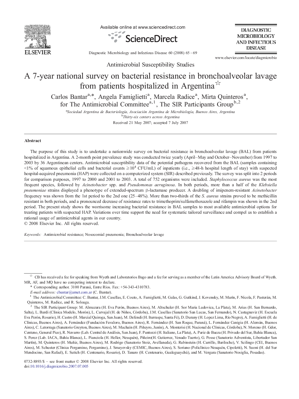 A 7-year national survey on bacterial resistance in bronchoalveolar lavage from patients hospitalized in Argentina 