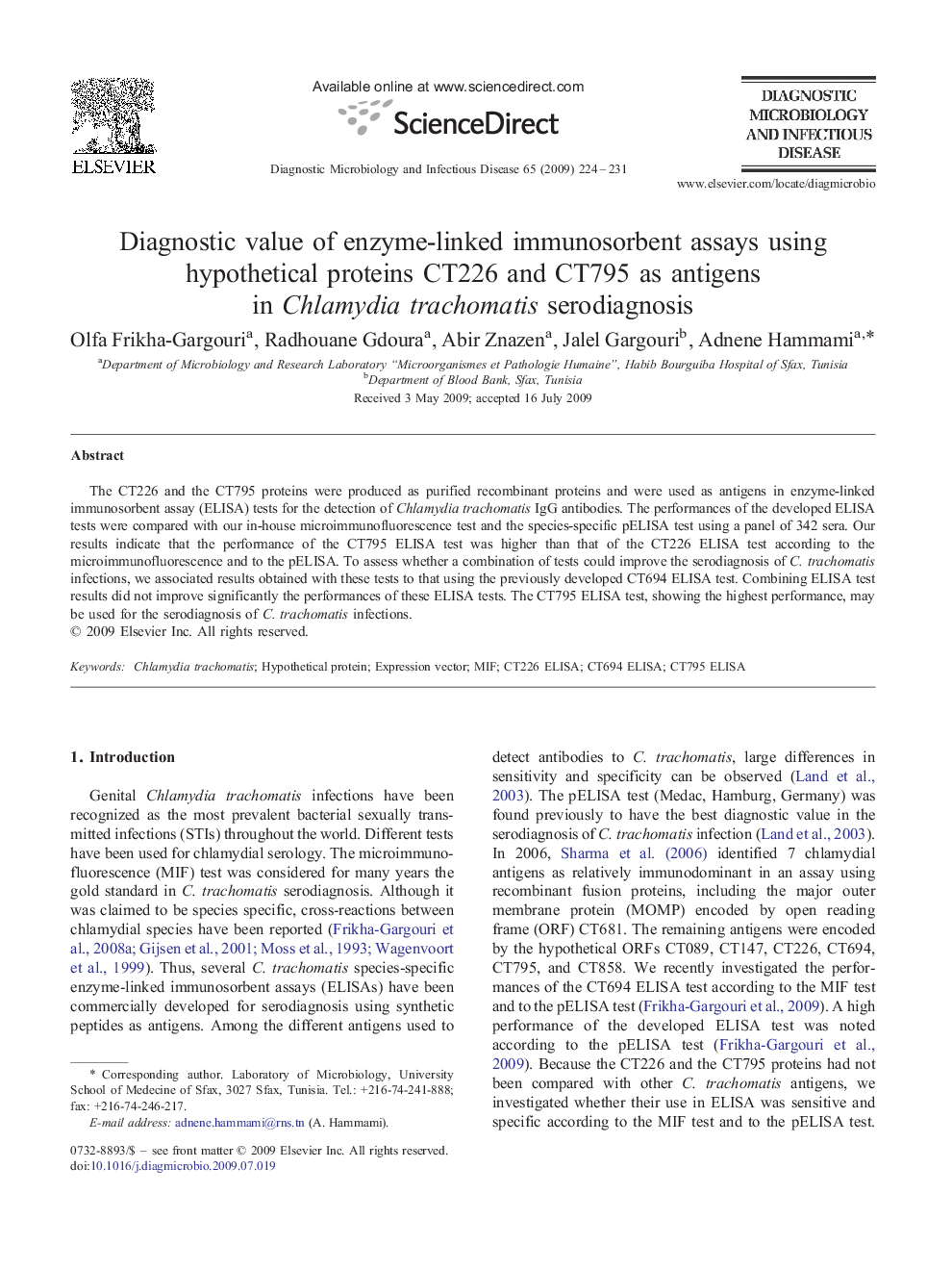 Diagnostic value of enzyme-linked immunosorbent assays using hypothetical proteins CT226 and CT795 as antigens in Chlamydia trachomatis serodiagnosis