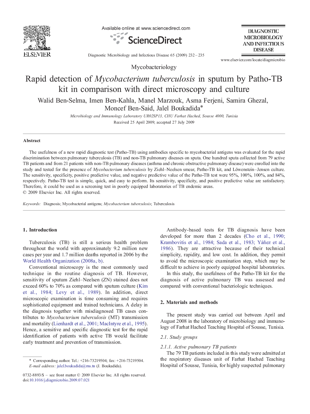 Rapid detection of Mycobacterium tuberculosis in sputum by Patho-TB kit in comparison with direct microscopy and culture