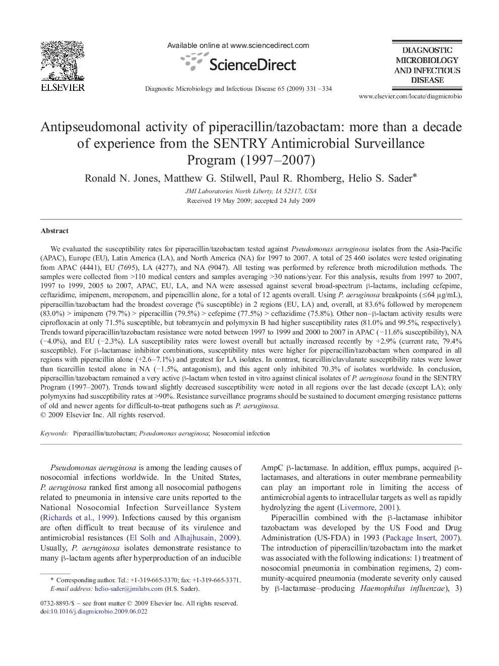 Antipseudomonal activity of piperacillin/tazobactam: more than a decade of experience from the SENTRY Antimicrobial Surveillance Program (1997–2007)