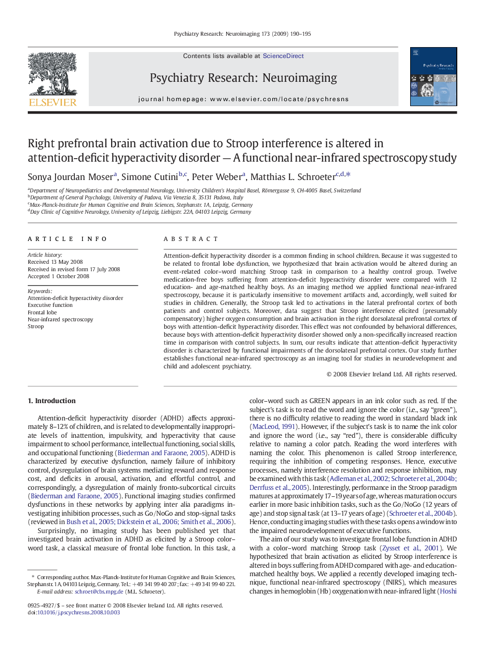 Right prefrontal brain activation due to Stroop interference is altered in attention-deficit hyperactivity disorder — A functional near-infrared spectroscopy study