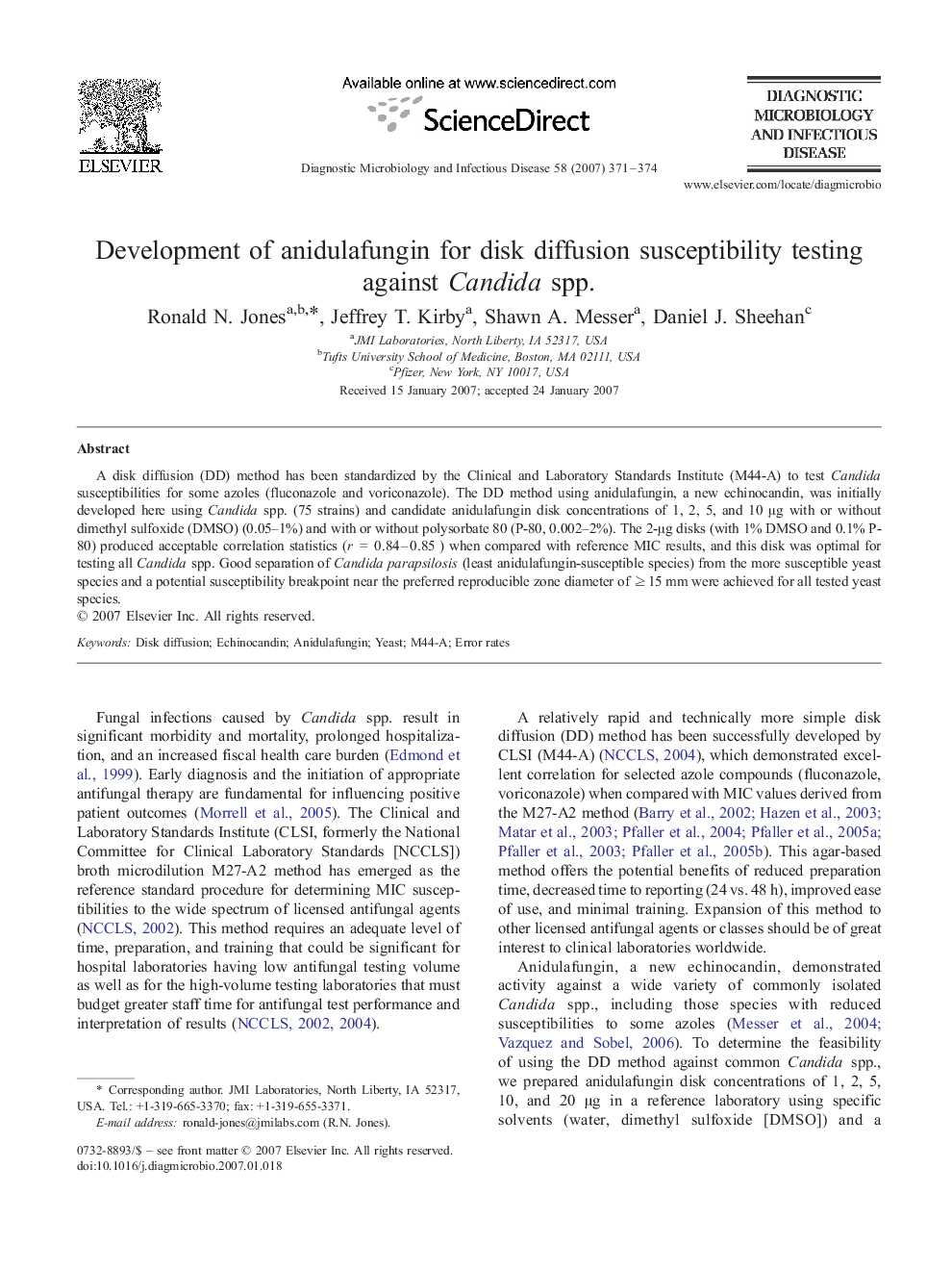 Development of anidulafungin for disk diffusion susceptibility testing against Candida spp.