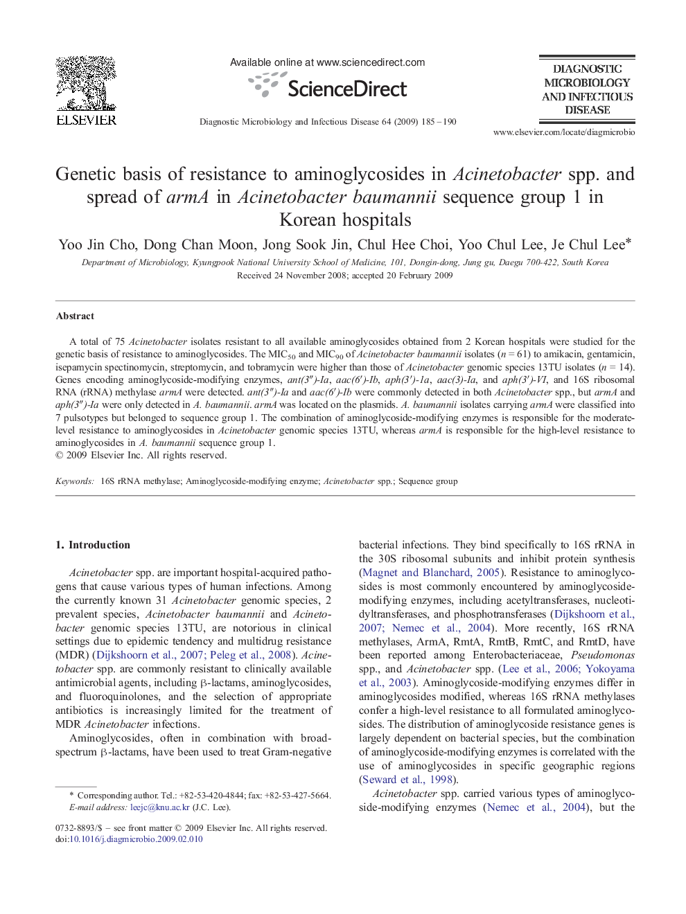 Genetic basis of resistance to aminoglycosides in Acinetobacter spp. and spread of armA in Acinetobacter baumannii sequence group 1 in Korean hospitals