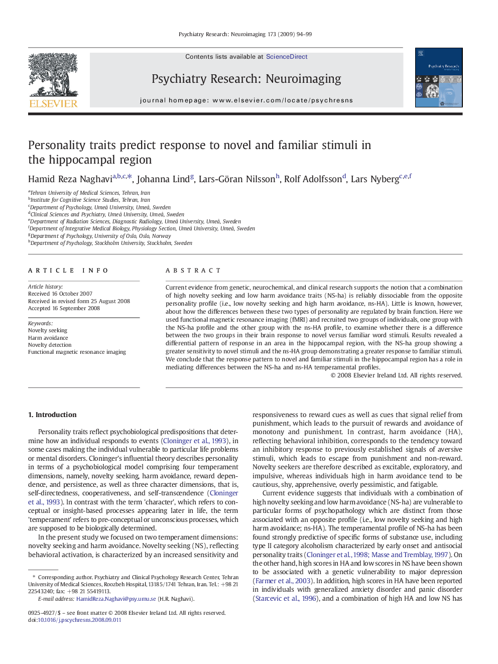 Personality traits predict response to novel and familiar stimuli in the hippocampal region