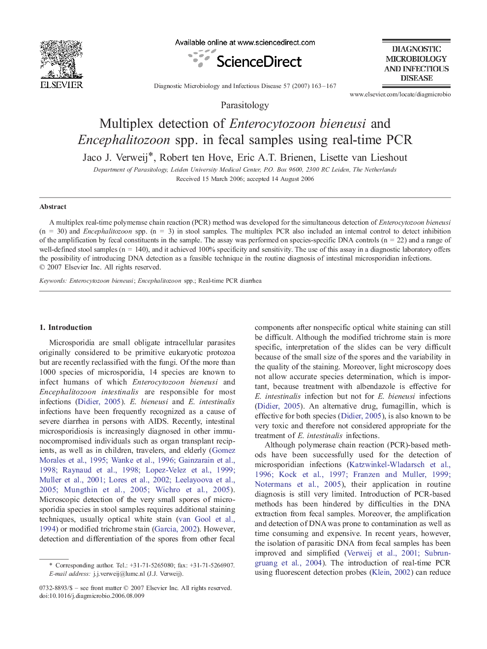 عکس صفحه اول مقاله: Multiplex detection of Enterocytozoon bieneusi and Encephalitozoon spp. in fecal samples using real-time PCR Multiplex detection of Enterocytozoon bieneusi and Encephalitozoon spp. in fecal samples using real-time PCR
