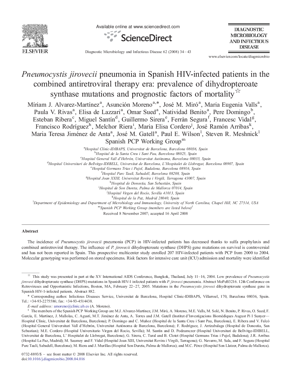 Pneumocystis jirovecii pneumonia in Spanish HIV-infected patients in the combined antiretroviral therapy era: prevalence of dihydropteroate synthase mutations and prognostic factors of mortality 