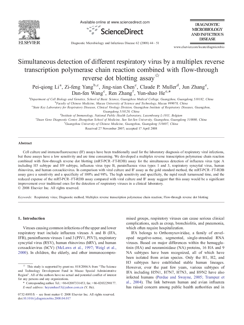 Simultaneous detection of different respiratory virus by a multiplex reverse transcription polymerase chain reaction combined with flow-through reverse dot blotting assay