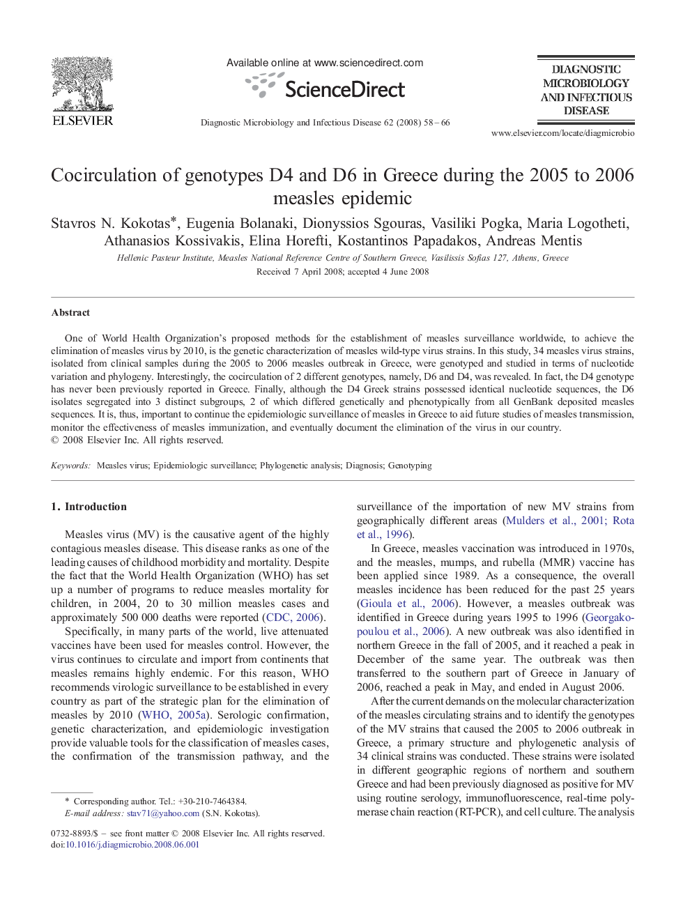 Cocirculation of genotypes D4 and D6 in Greece during the 2005 to 2006 measles epidemic