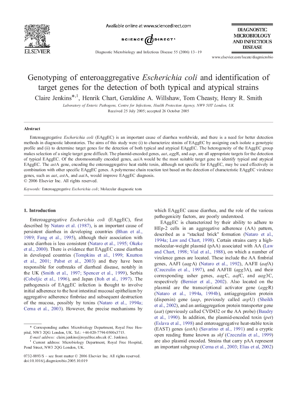 Genotyping of enteroaggregative Escherichia coli and identification of target genes for the detection of both typical and atypical strains