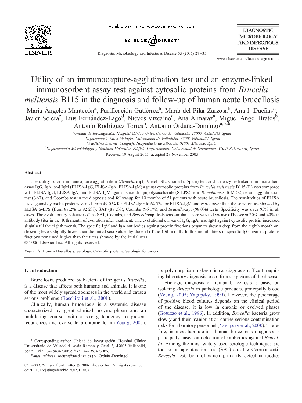 Utility of an immunocapture-agglutination test and an enzyme-linked immunosorbent assay test against cytosolic proteins from Brucella melitensis B115 in the diagnosis and follow-up of human acute brucellosis