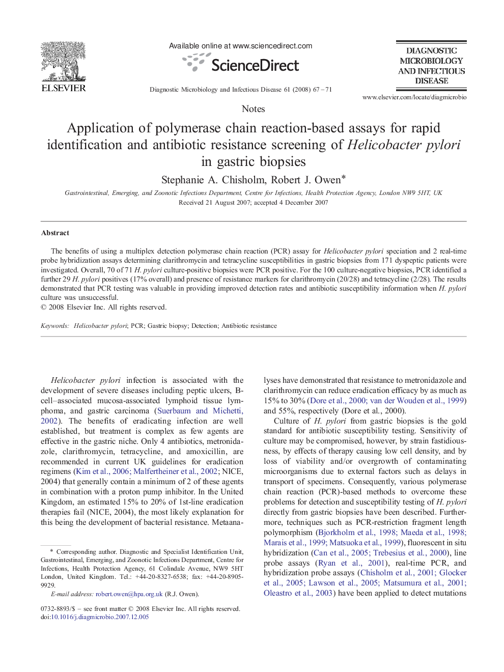 Application of polymerase chain reaction-based assays for rapid identification and antibiotic resistance screening of Helicobacter pylori in gastric biopsies