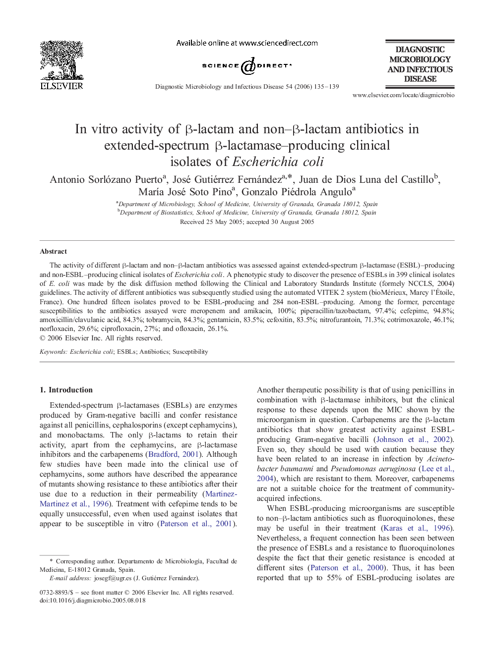 In vitro activity of β-lactam and non–β-lactam antibiotics in extended-spectrum β-lactamase–producing clinical isolates of Escherichia coli