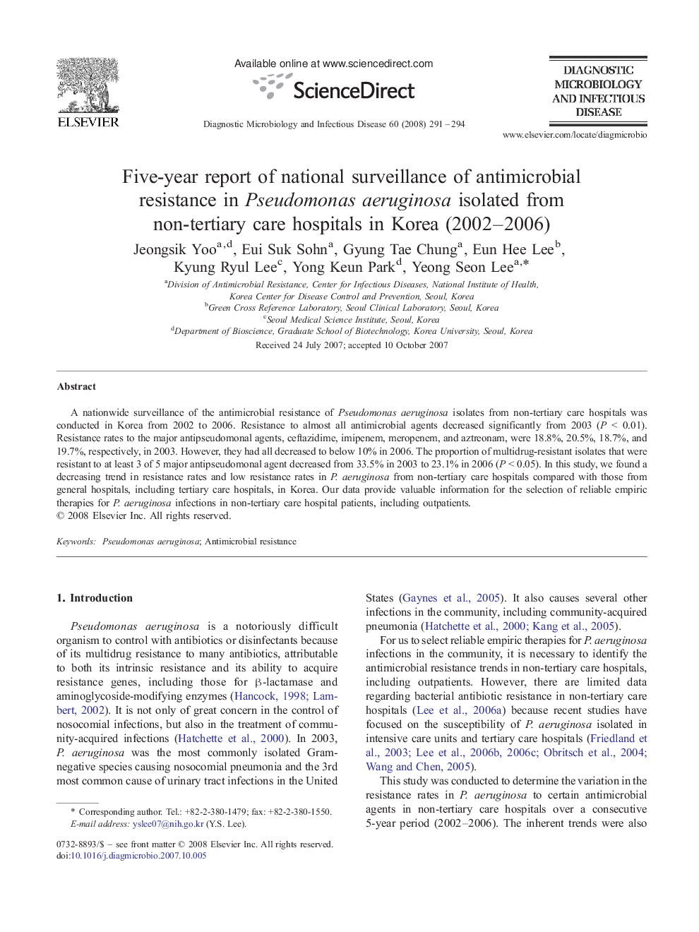 Five-year report of national surveillance of antimicrobial resistance in Pseudomonas aeruginosa isolated from non-tertiary care hospitals in Korea (2002–2006)