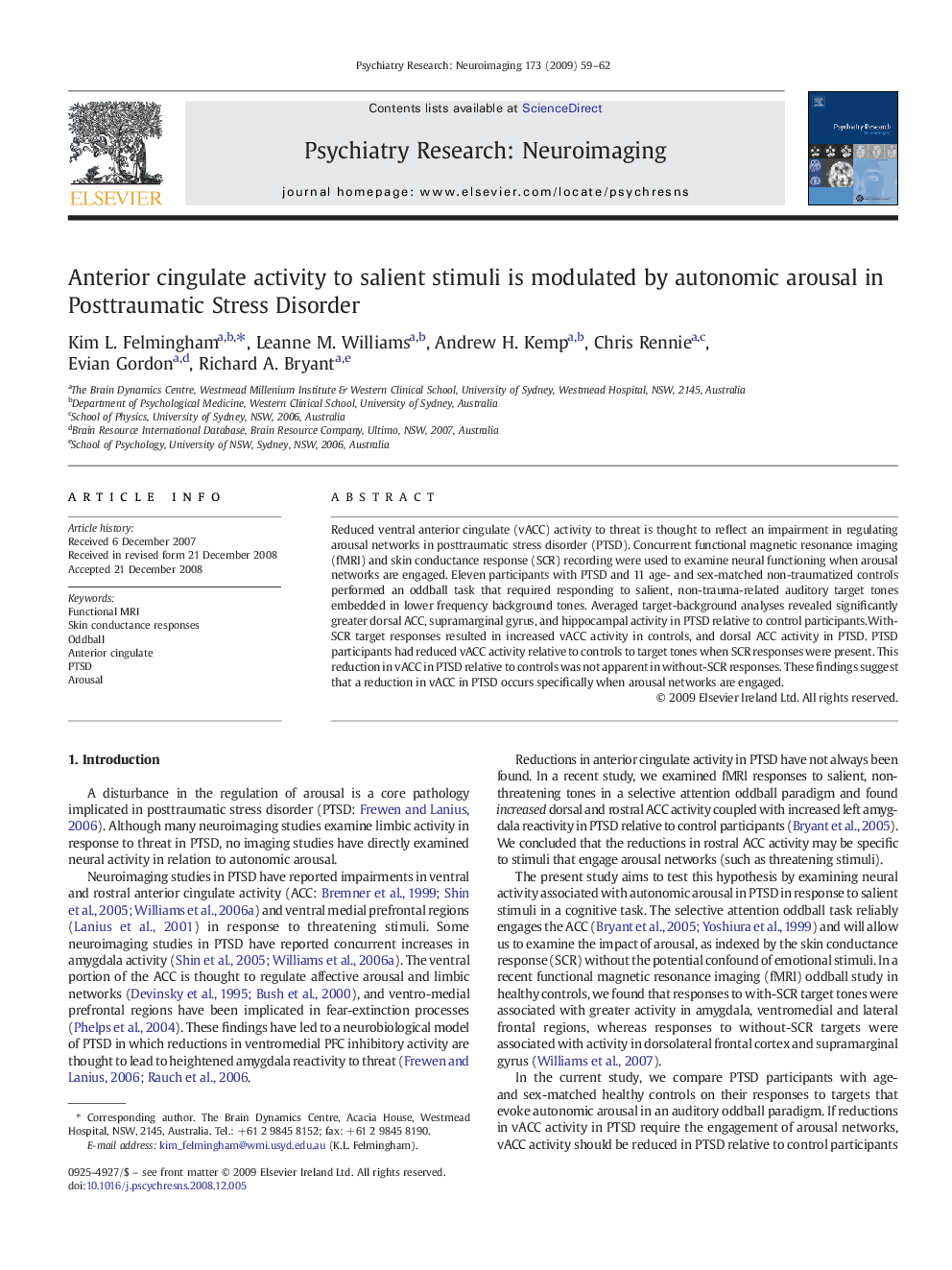 Anterior cingulate activity to salient stimuli is modulated by autonomic arousal in Posttraumatic Stress Disorder