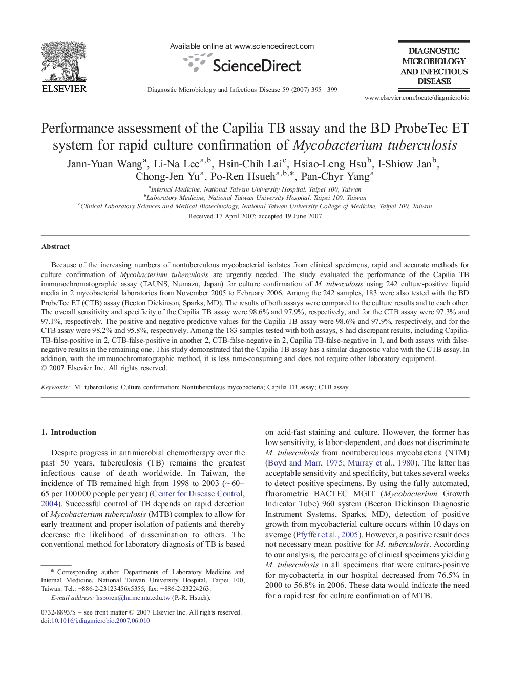 Performance assessment of the Capilia TB assay and the BD ProbeTec ET system for rapid culture confirmation of Mycobacterium tuberculosis