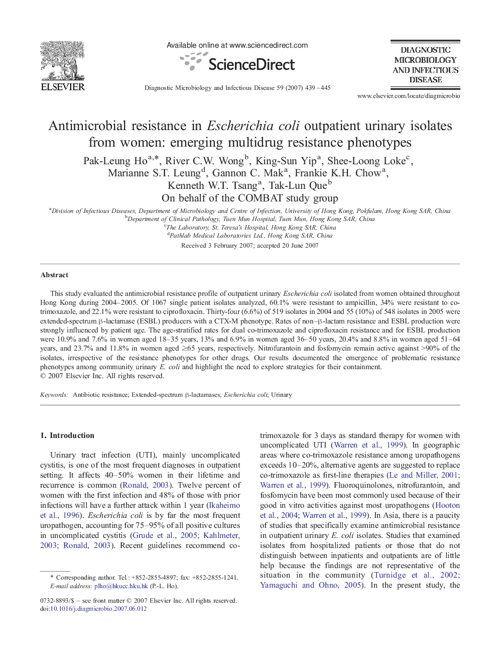 Antimicrobial resistance in Escherichia coli outpatient urinary isolates from women: emerging multidrug resistance phenotypes