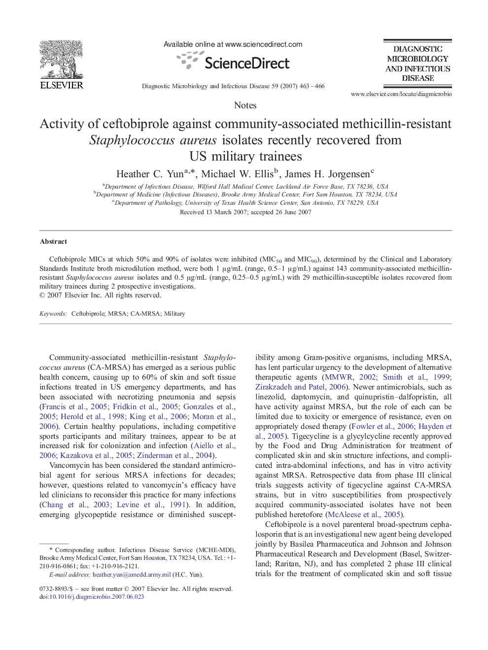 Activity of ceftobiprole against community-associated methicillin-resistant Staphylococcus aureus isolates recently recovered from US military trainees