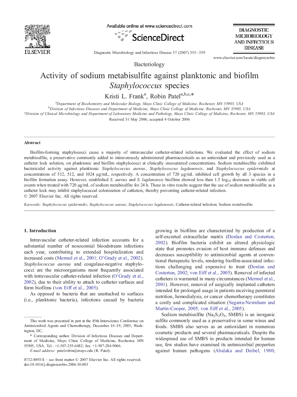 Activity of sodium metabisulfite against planktonic and biofilm Staphylococcus species