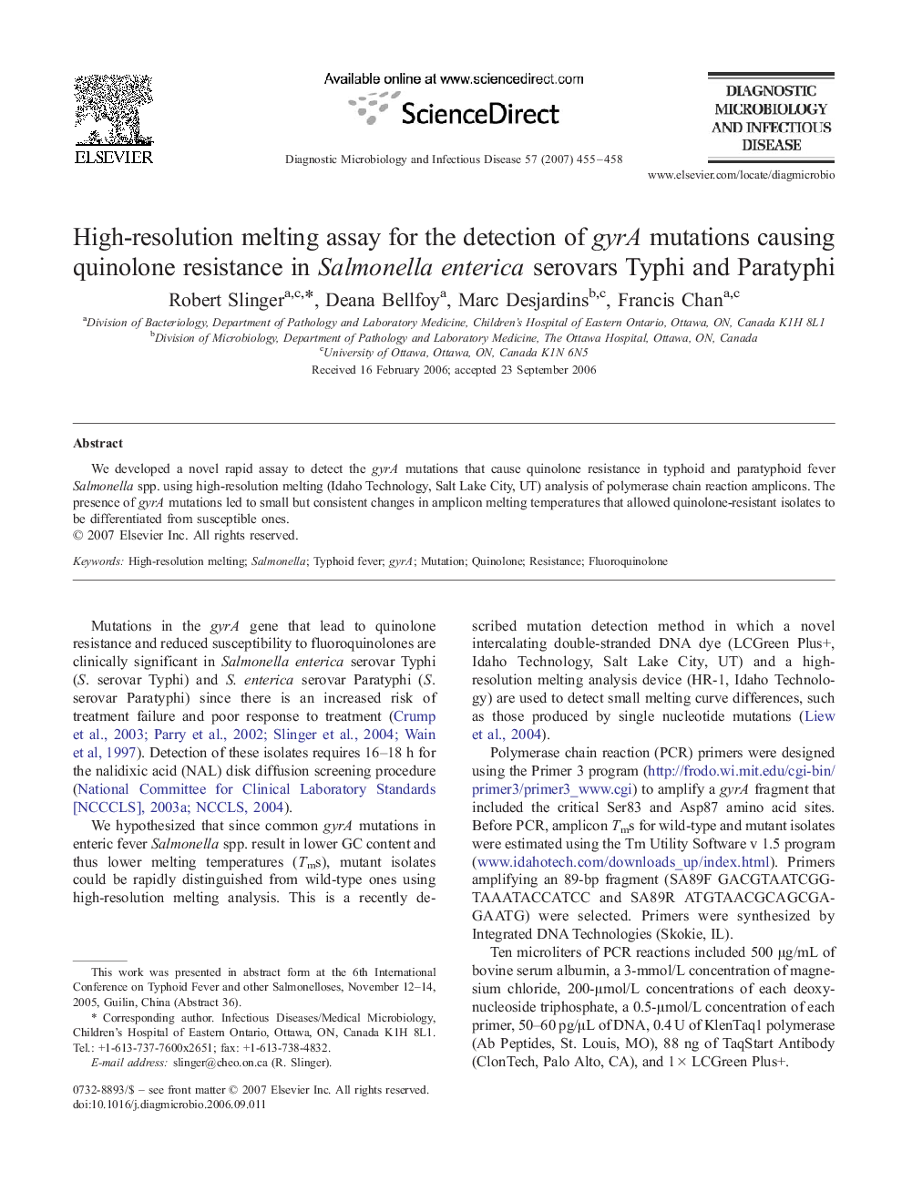 High-resolution melting assay for the detection of gyrA mutations causing quinolone resistance in Salmonella enterica serovars Typhi and Paratyphi