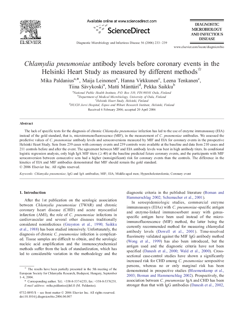 Chlamydia pneumoniae antibody levels before coronary events in the Helsinki Heart Study as measured by different methods 