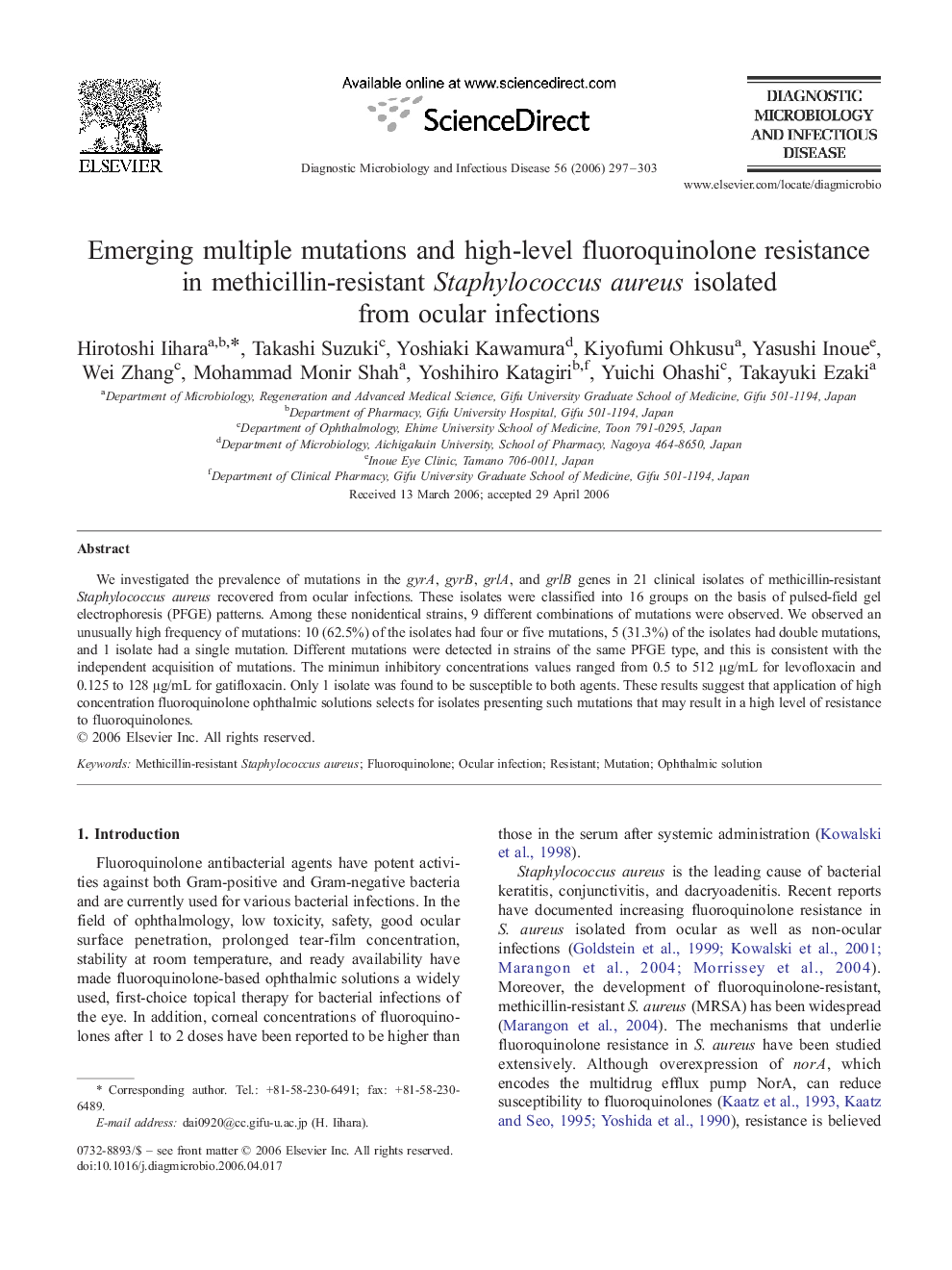 Emerging multiple mutations and high-level fluoroquinolone resistance in methicillin-resistant Staphylococcus aureus isolated from ocular infections