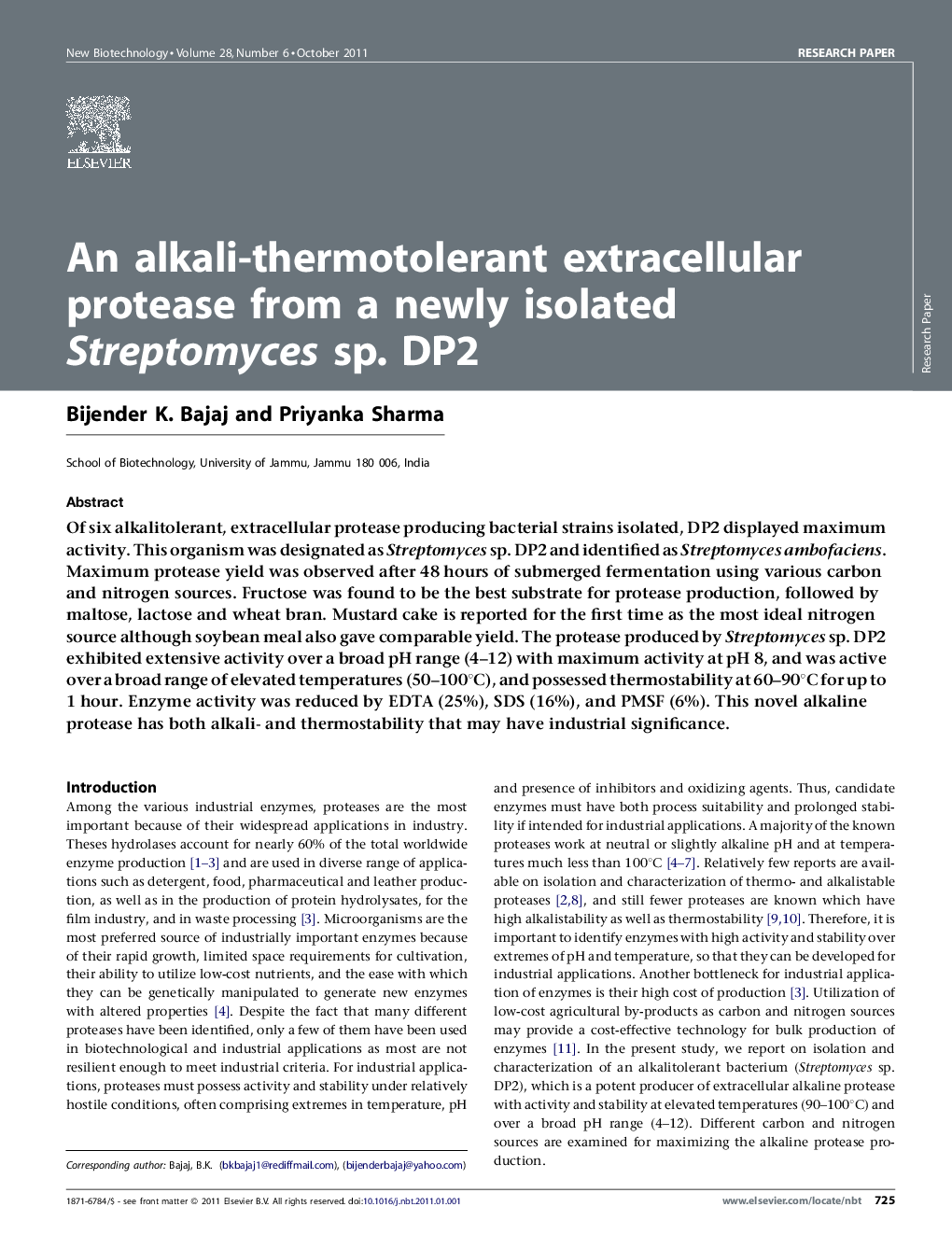 عکس صفحه اول مقاله: An alkali-thermotolerant extracellular protease from a newly isolated Streptomyces sp. DP2 An alkali-thermotolerant extracellular protease from a newly isolated Streptomyces sp. DP2