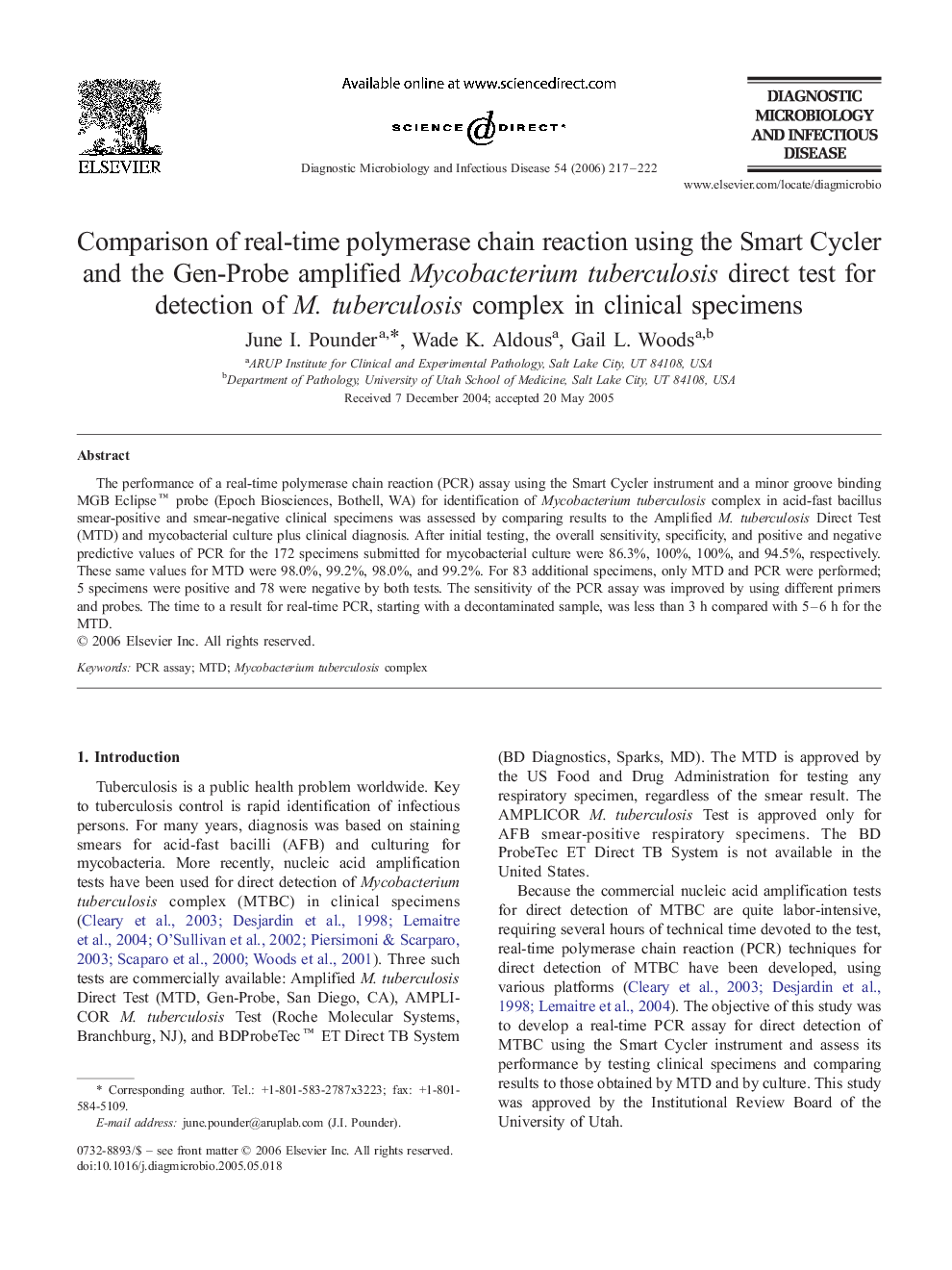 Comparison of real-time polymerase chain reaction using the Smart Cycler and the Gen-Probe amplified Mycobacterium tuberculosis direct test for detection of M. tuberculosis complex in clinical specimens