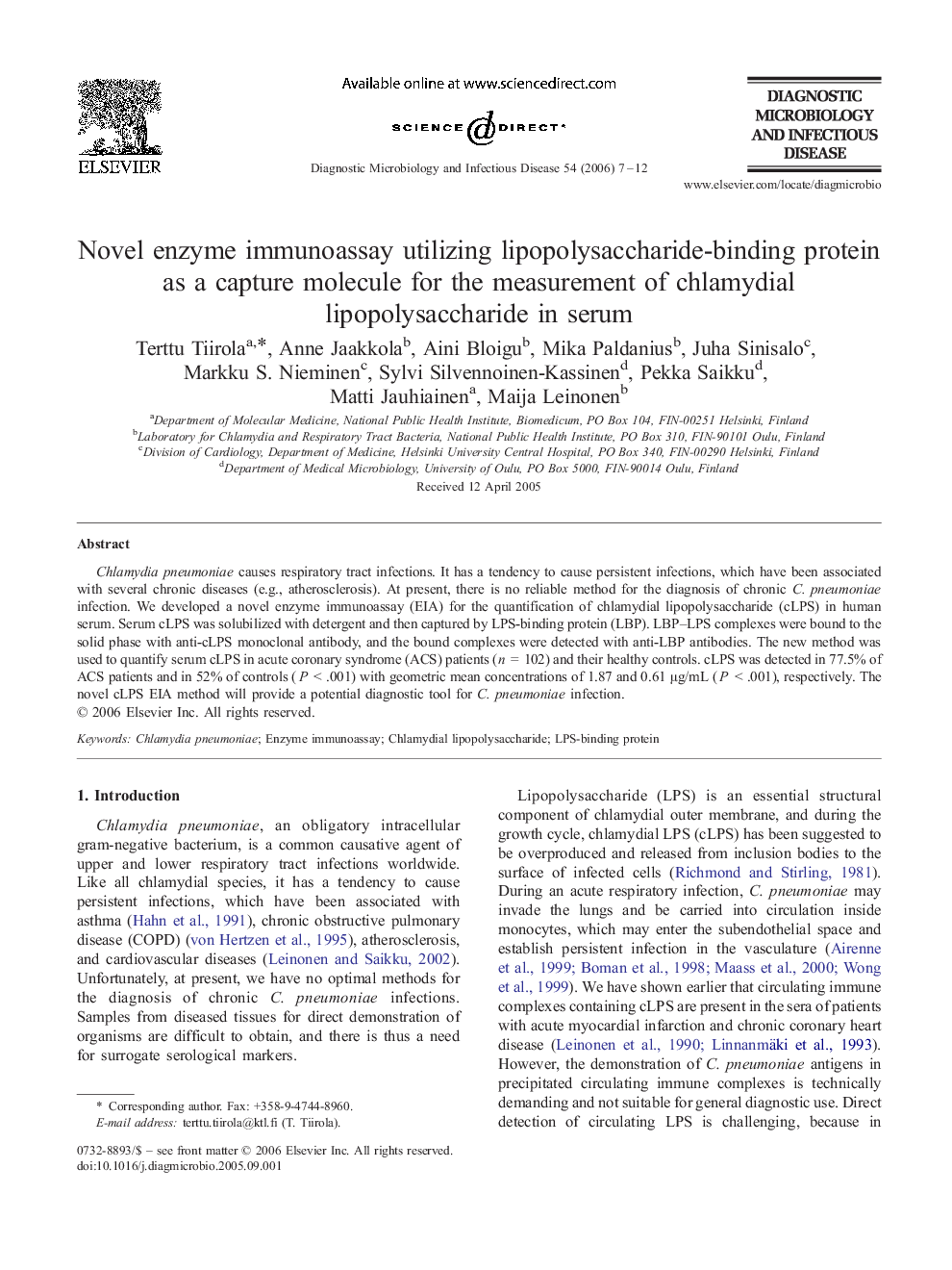 Novel enzyme immunoassay utilizing lipopolysaccharide-binding protein as a capture molecule for the measurement of chlamydial lipopolysaccharide in serum