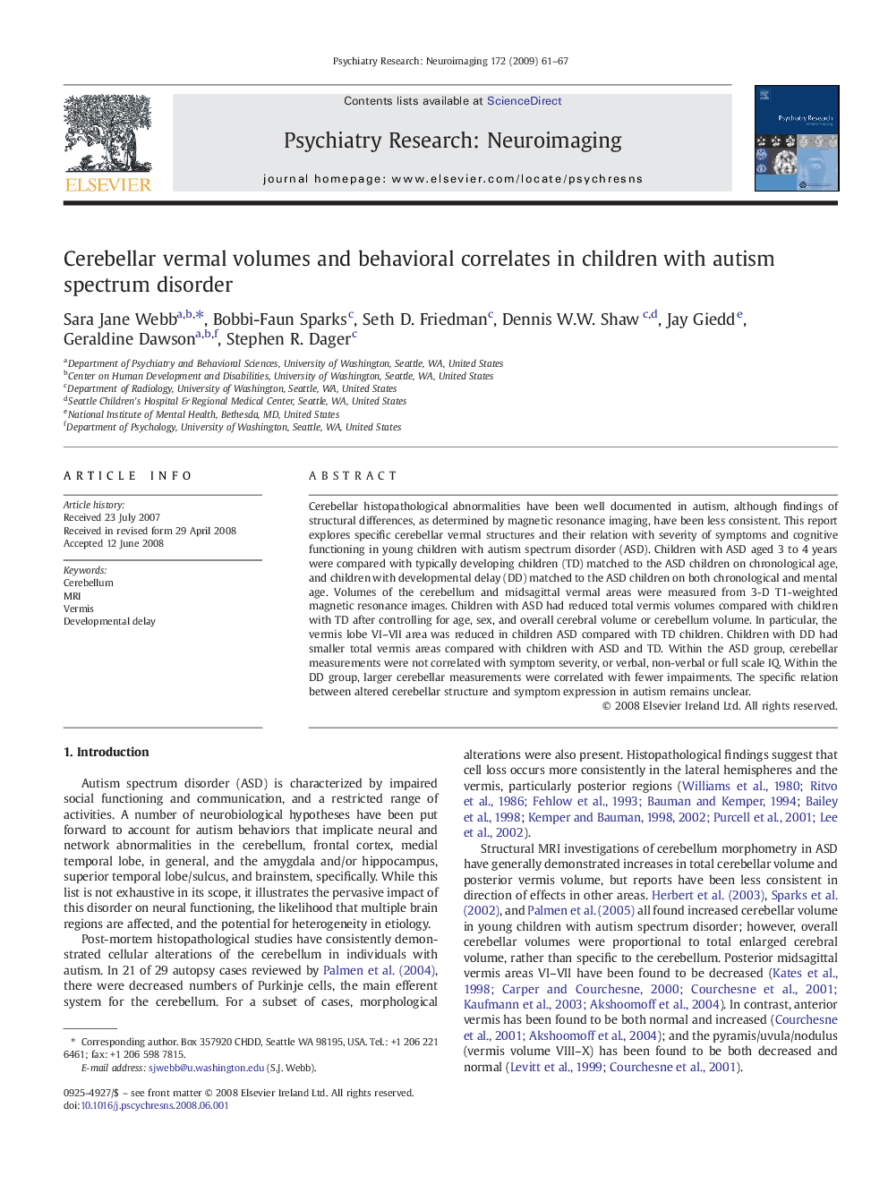 Cerebellar vermal volumes and behavioral correlates in children with autism spectrum disorder