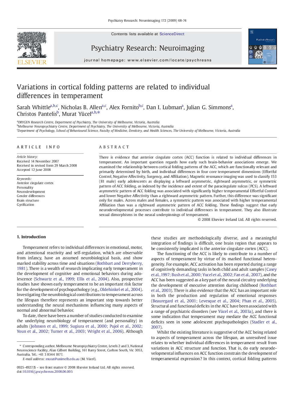 Variations in cortical folding patterns are related to individual differences in temperament