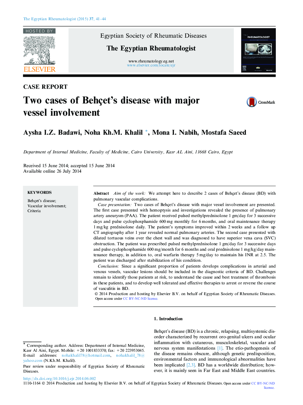 Two cases of Behçet’s disease with major vessel involvement 