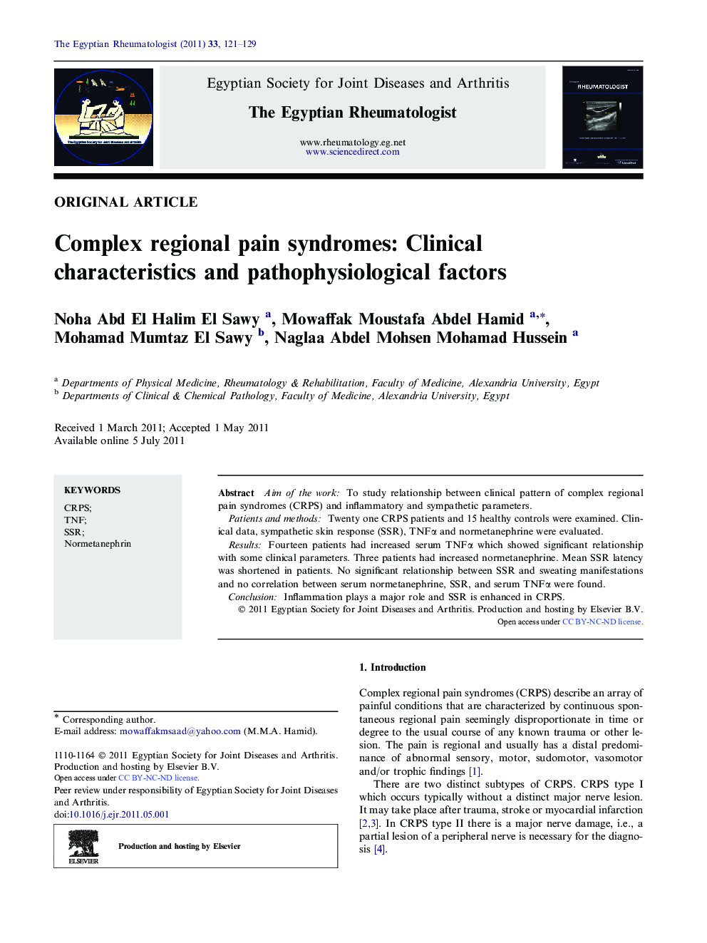 Complex regional pain syndromes: Clinical characteristics and pathophysiological factors 