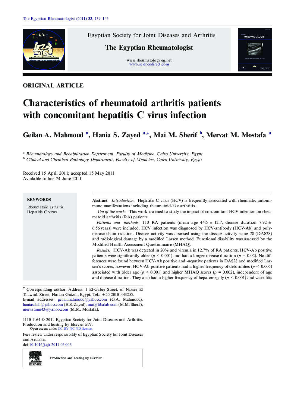 Characteristics of rheumatoid arthritis patients with concomitant hepatitis C virus infection 