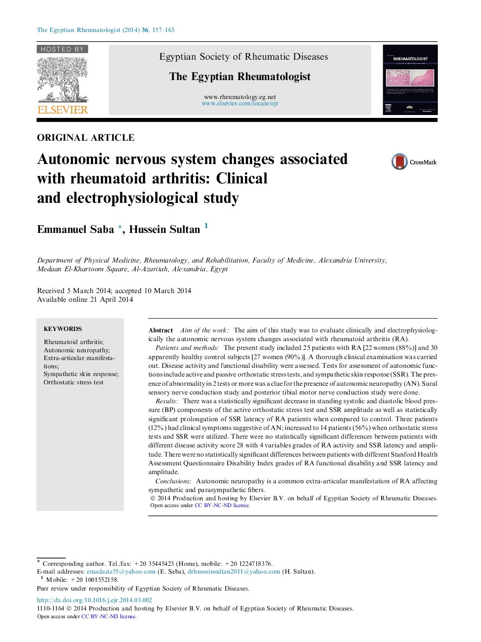 Autonomic nervous system changes associated with rheumatoid arthritis: Clinical and electrophysiological study 