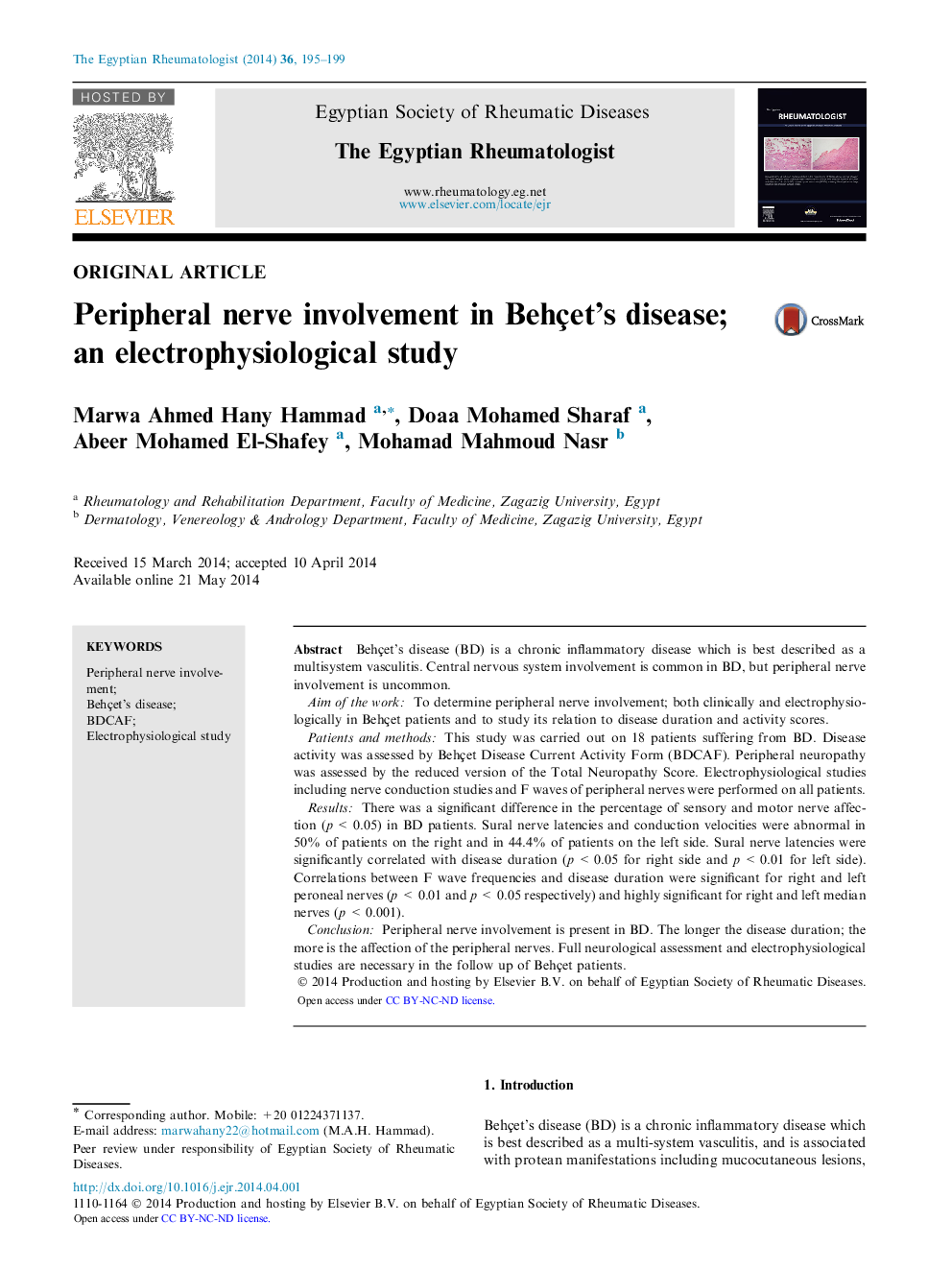 Peripheral nerve involvement in Behçet’s disease; an electrophysiological study 