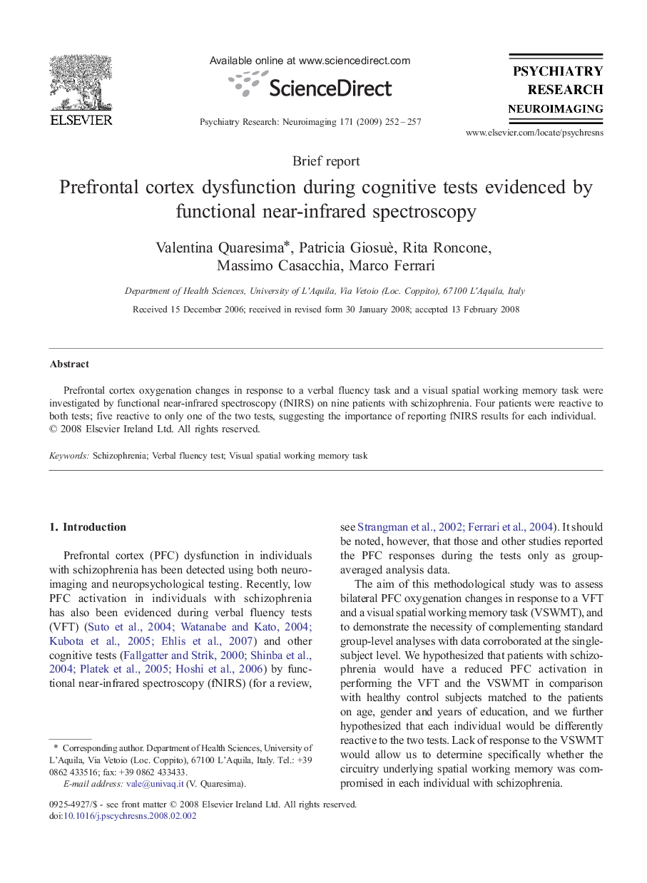 Prefrontal cortex dysfunction during cognitive tests evidenced by functional near-infrared spectroscopy