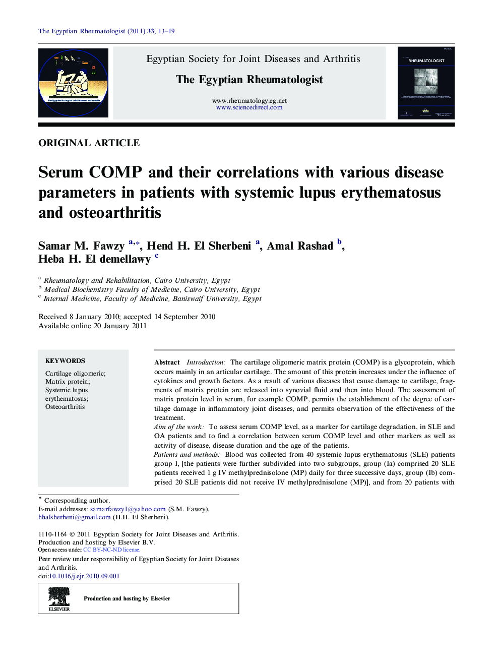 Serum COMP and their correlations with various disease parameters in patients with systemic lupus erythematosus and osteoarthritis 