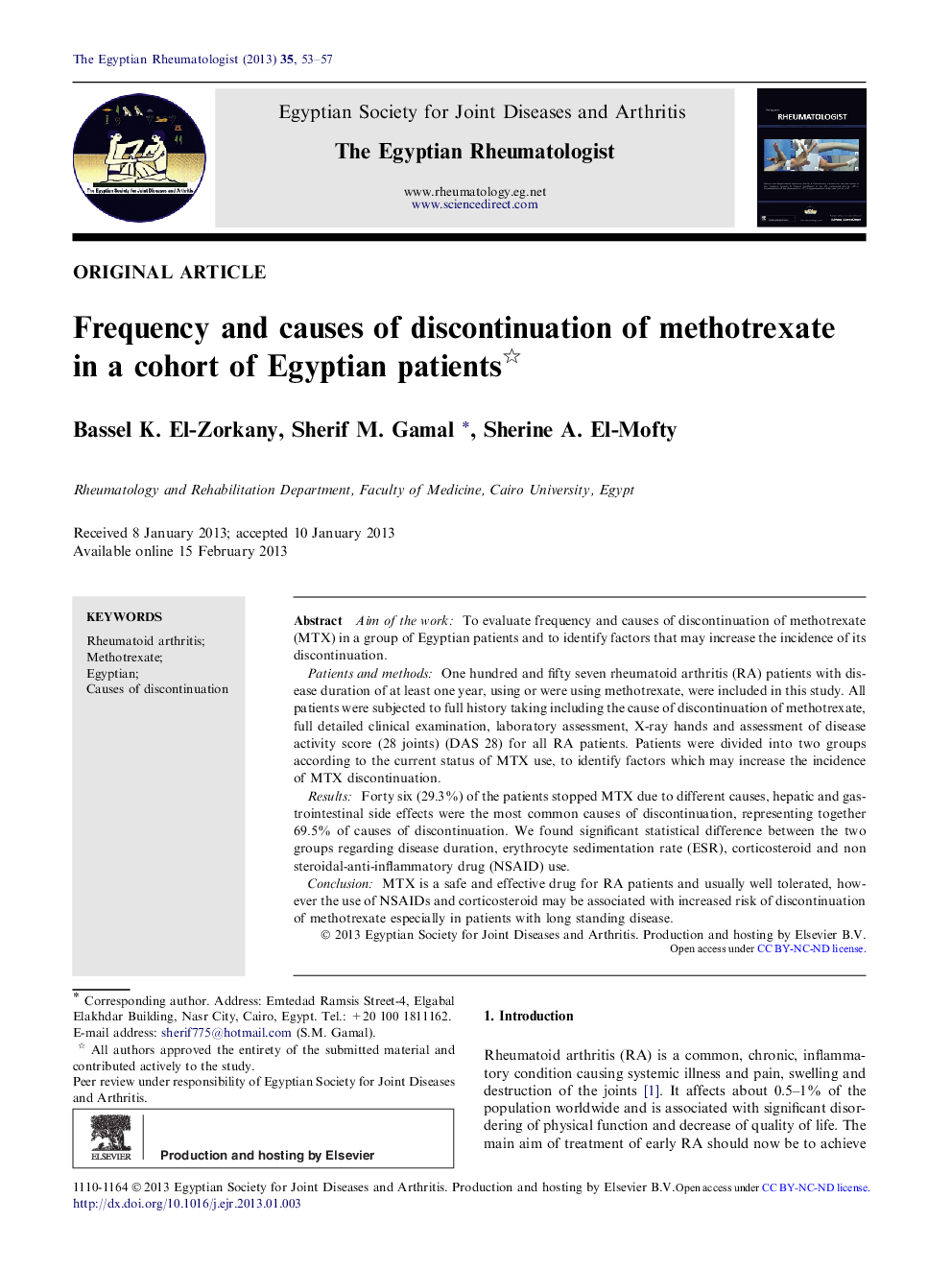 Frequency and causes of discontinuation of methotrexate in a cohort of Egyptian patients 