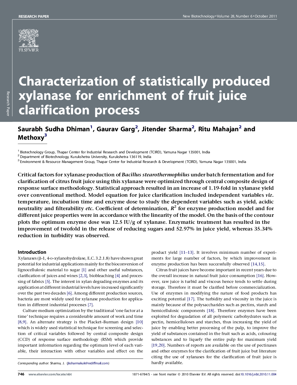 عکس صفحه اول مقاله: Characterization of statistically produced xylanase for enrichment of fruit juice clarification process Characterization of statistically produced xylanase for enrichment of fruit juice clarification process